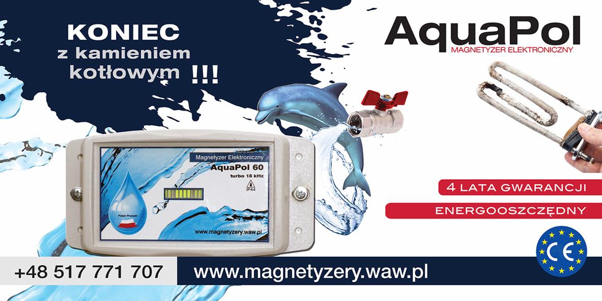 Grafika reklamowa elektronicznego magnetyzera wody AquaPol 60, prezentująca urządzenie, delfina, zawór wodny z wypływającą wodą oraz zakamienioną grzałkę, podkreślająca korzyści: koniec z kamieniem...