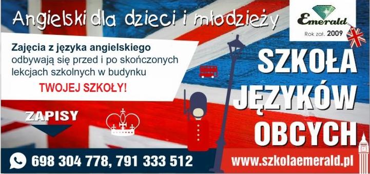 Grafika reklamowa szkoły językowej z hasłem 'Angielski dla dzieci i młodzieży', stylizowana na flagę Wielkiej Brytanii, z motywami londyńskimi: strażnik, budka telefoniczna i dwupiętrowy autobus...