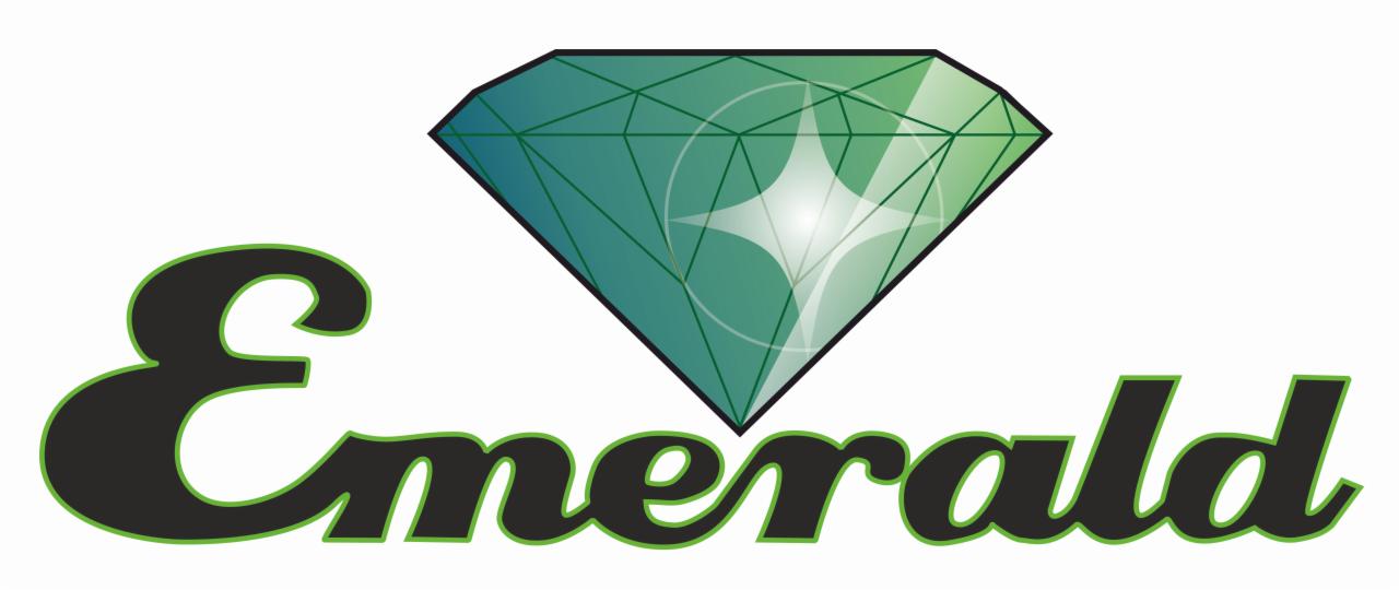 Grafika z zielonym diamentem i napisem 'Emerald' w czarno-zielonej kolorystyce.