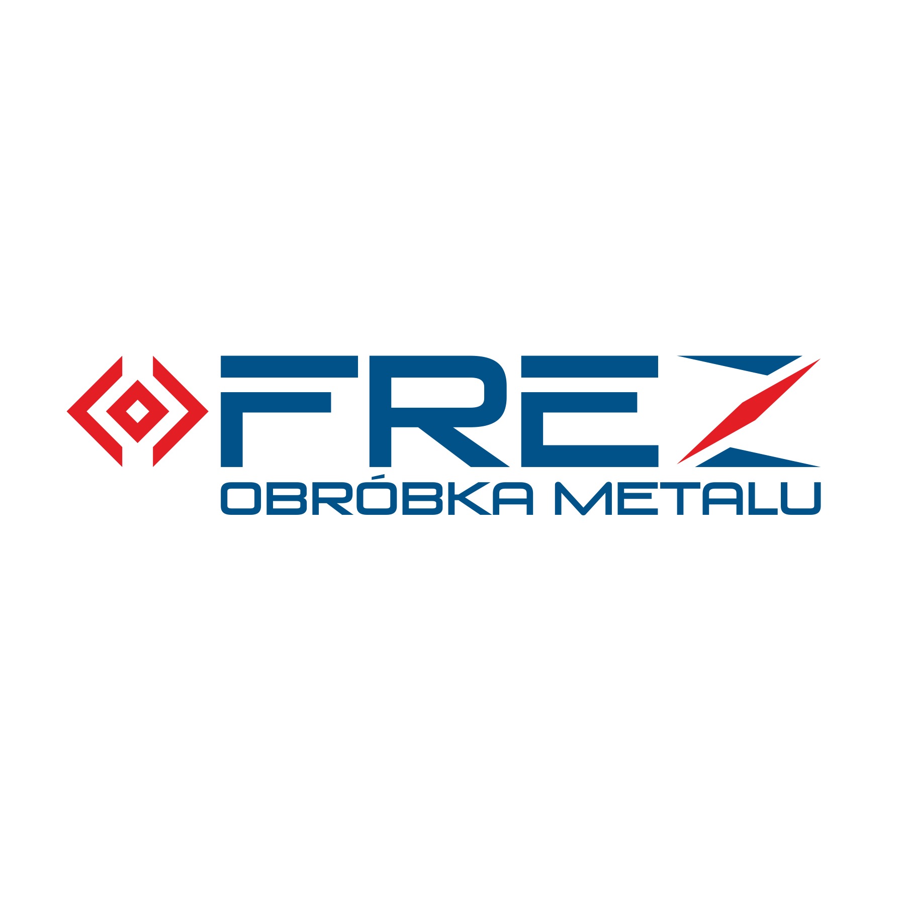 Logo firmy zajmującej się obróbką metali, napis FREZ w kolorze niebieskim z elementami czerwonymi, pod nim napis 'OBRÓBKA METALU' również w kolorze niebieskim, na białym tle.
