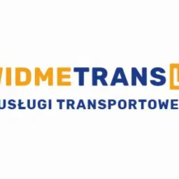 Żółto-niebieskie logo firmy Widmetrans z napisem 'Usługi Transportowe' poniżej.