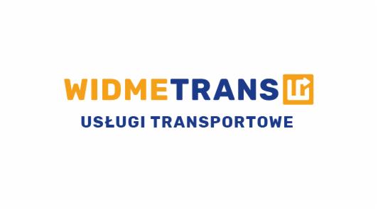 Żółto-niebieskie logo firmy Widmetrans z napisem 'Usługi Transportowe' poniżej.