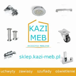 Kolaż akcesoriów meblowych: zawiasy, uchwyty, kółka, nóżki, oświetlenie LED, z logo Kazi Meb i adresem sklepu internetowego.