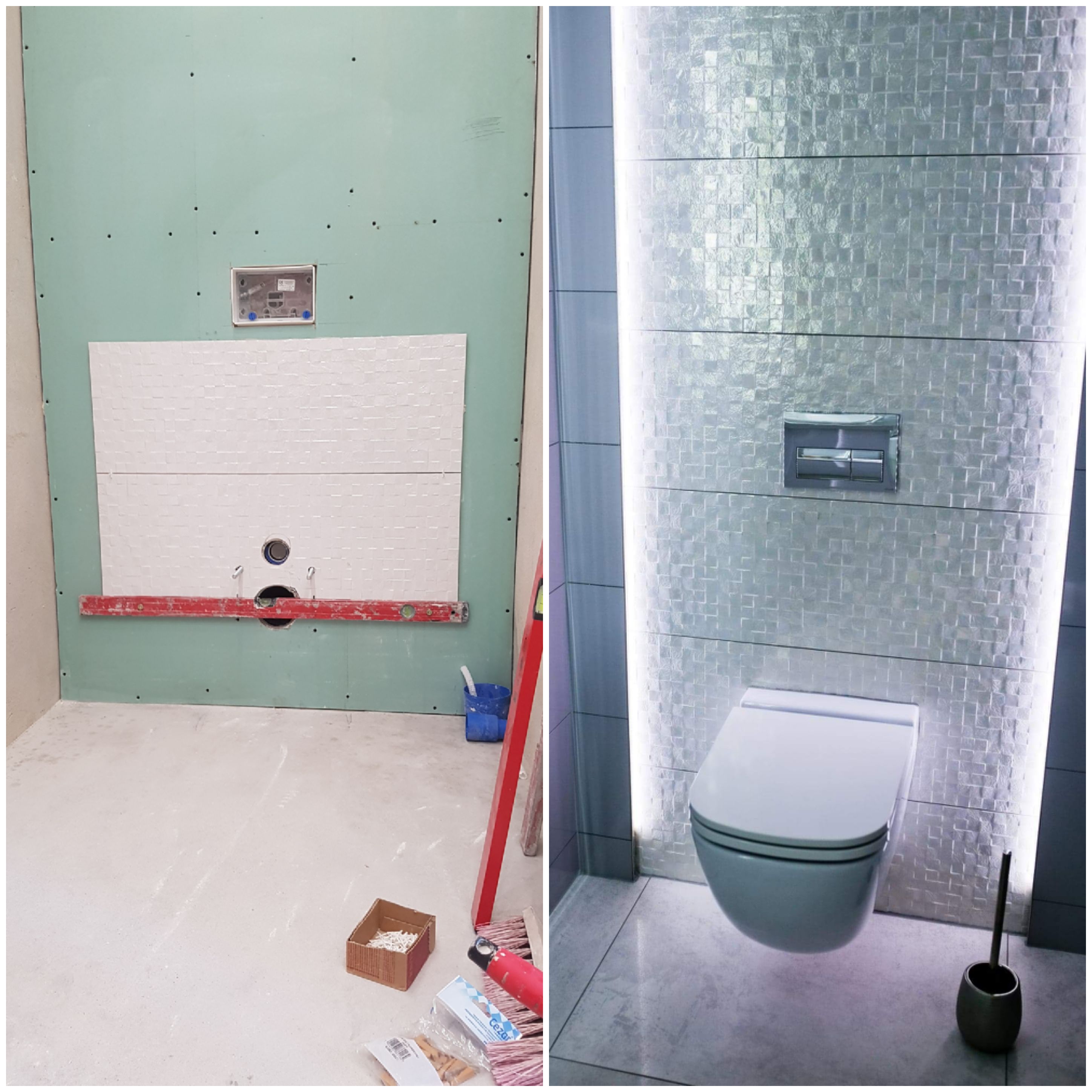 Porównanie: surowa ściana z płyt gipsowych z poziomnicą i fragmentem płytek oraz wykończona ściana z mozaiką, podświetleniem LED i podwieszanym WC z chromowanym przyciskiem.