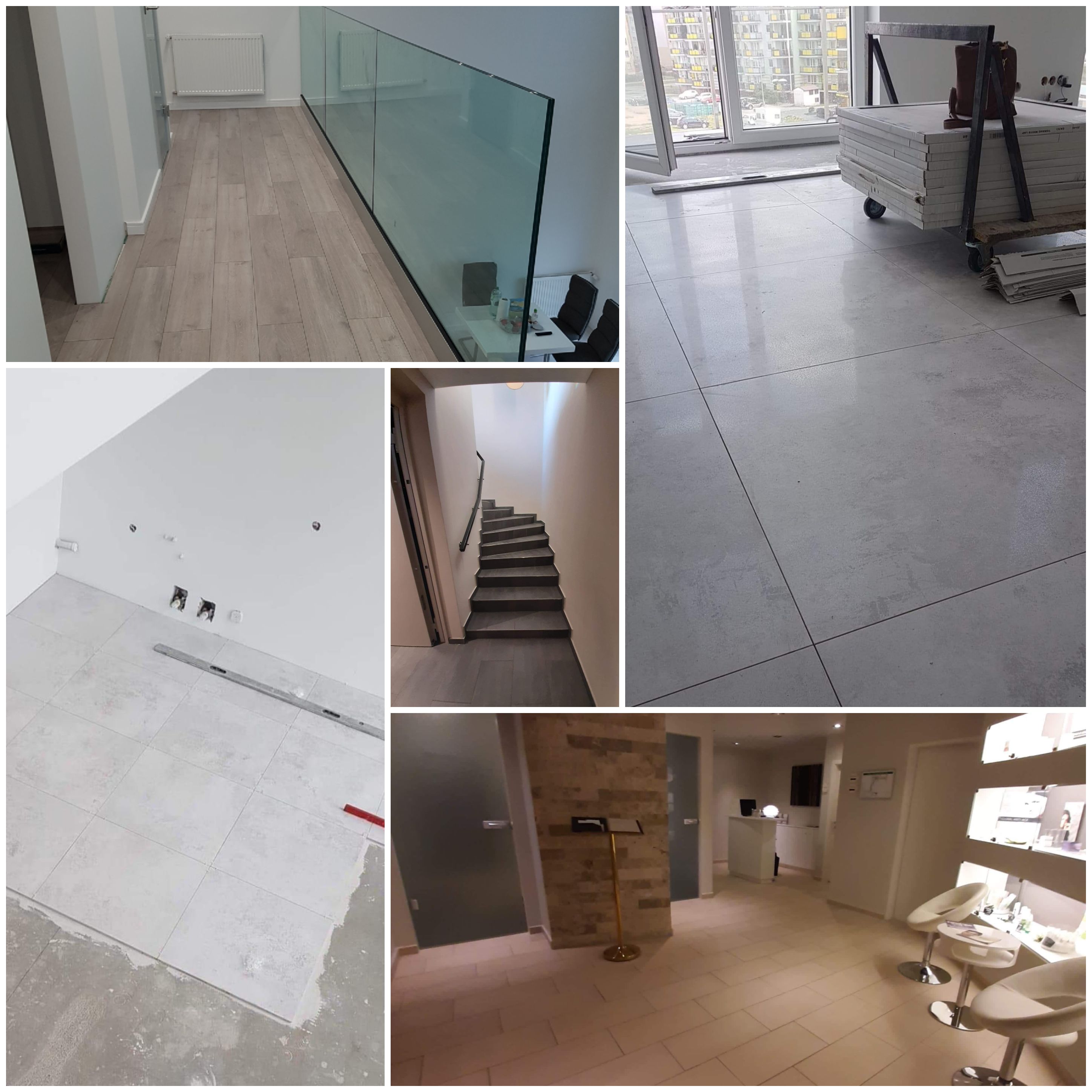 Kompozycja zdjęć przedstawiająca etapy prac wykończeniowych: parkiet na korytarzu z przeszkloną balustradą, ułożone płytki podłogowe z wózkiem transportowym, poziomica na świeżo układanych płytkach...