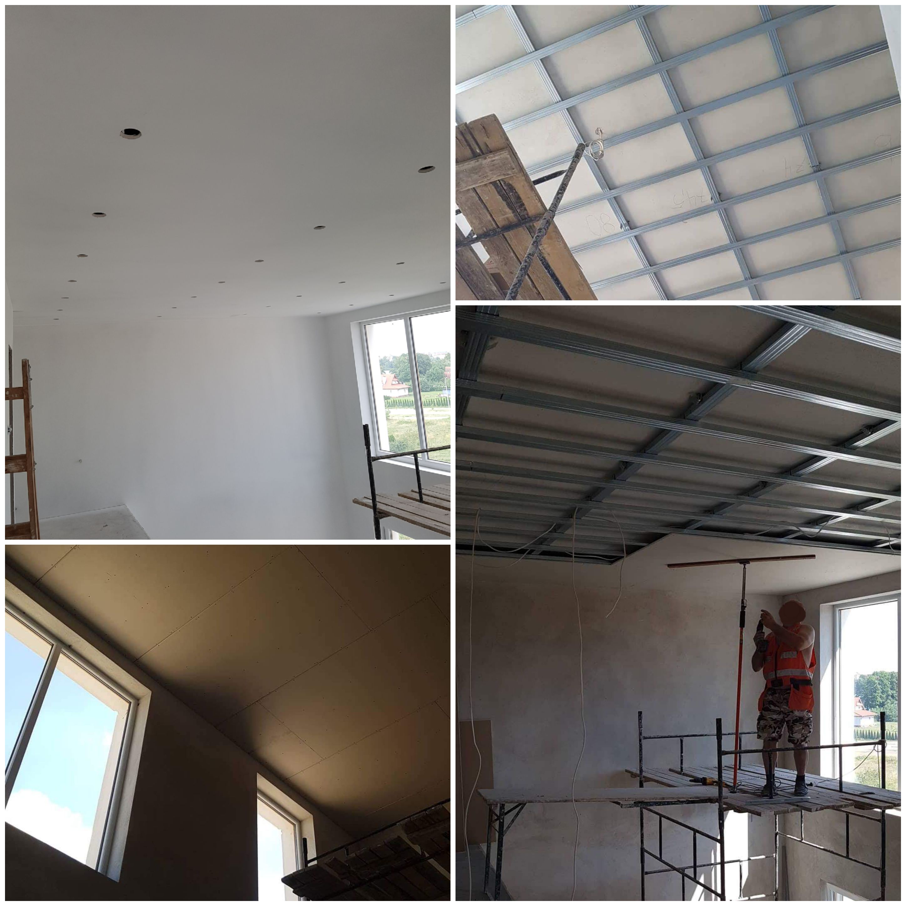 Montaż sufitu podwieszanego z płyt gipsowo-kartonowych na metalowym stelażu; widoczne szpachlowane łączenia, otwory na oświetlenie, rusztowanie i pracownik w kamizelce odblaskowej.