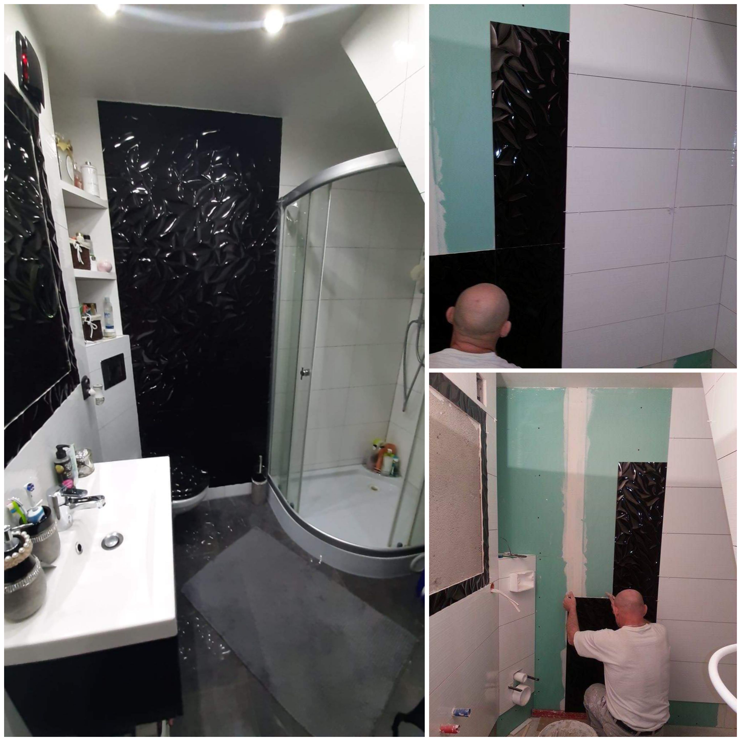 Układanie czarnych, trójwymiarowych płytek w łazience, widoczny fragment kabiny prysznicowej i umywalki, w tle ściana z zieloną płytą gipsową i białe płytki.