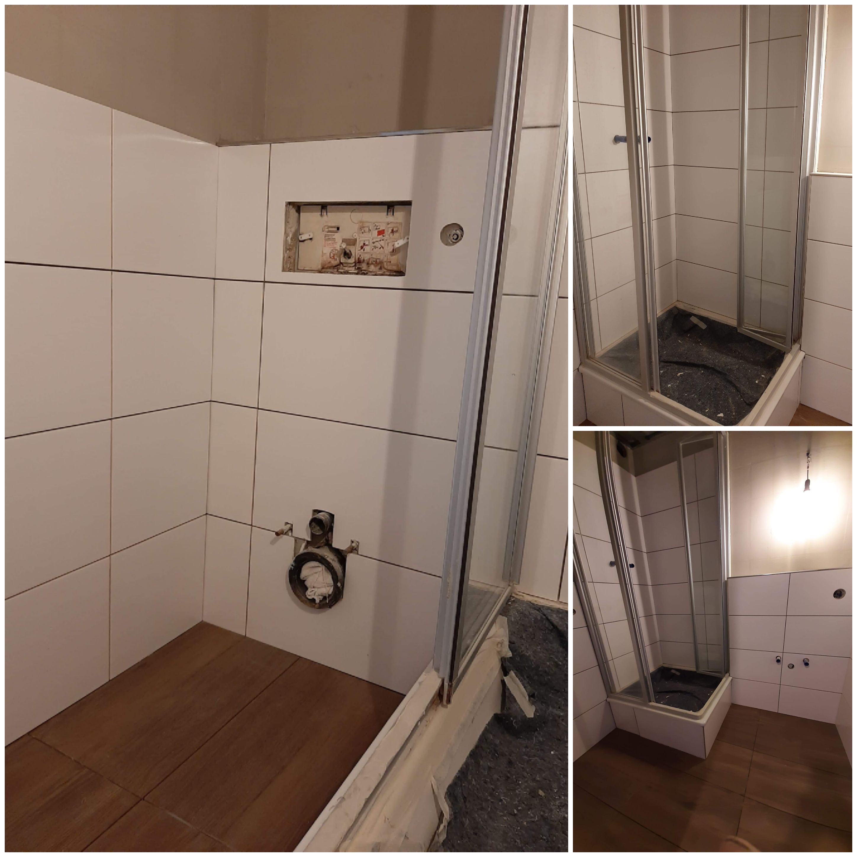 Łazienka w trakcie remontu: białe płytki ścienne, drewnopodobna podłoga, zamontowana kabina prysznicowa z zabezpieczeniem podłogi, otwór w ścianie z instalacją.