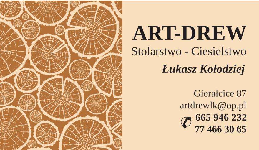Wizytówka firmy ART-DREW oferującej stolarstwo i ciesielstwo, z adresem, adresem e-mail i numerami telefonów, na tle grafiki przedstawiającej przekroje pni drzew.