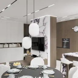 Nowoczesne wnętrze mieszkania z marmurową ścianą, okrągłym stołem z zastawą w kwiaty, białymi krzesłami, designerskimi lampami wiszącymi i obrazem z napisem 'music' oraz kontrabasem w tle.