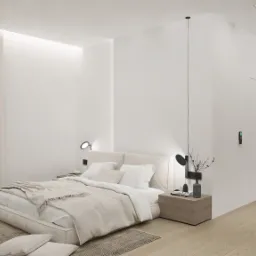 Jasna sypialnia w minimalistycznym stylu: beżowe łóżko, drewniana podłoga i akcenty czerni. Nowoczesne lampki nocne i proste dodatki tworzą przytulną atmosferę.