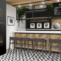 Wizualizacja wnętrza naleśnikarni z barem, czterema hokerami, kominkiem z logo firmy i menu na ścianie.