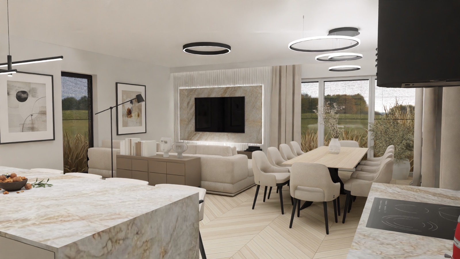 Wizualizacja przestronnego salonu z jadalnią w neutralnej kolorystyce, akcenty w postaci okrągłych lamp sufitowych i marmurowego blatu kuchennego.