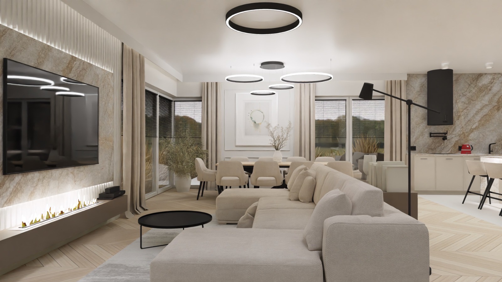 Jasny salon z beżową sofą narożną, bio-kominkiem pod telewizorem, okrągłymi lampami sufitowymi i jadalnią w tle.