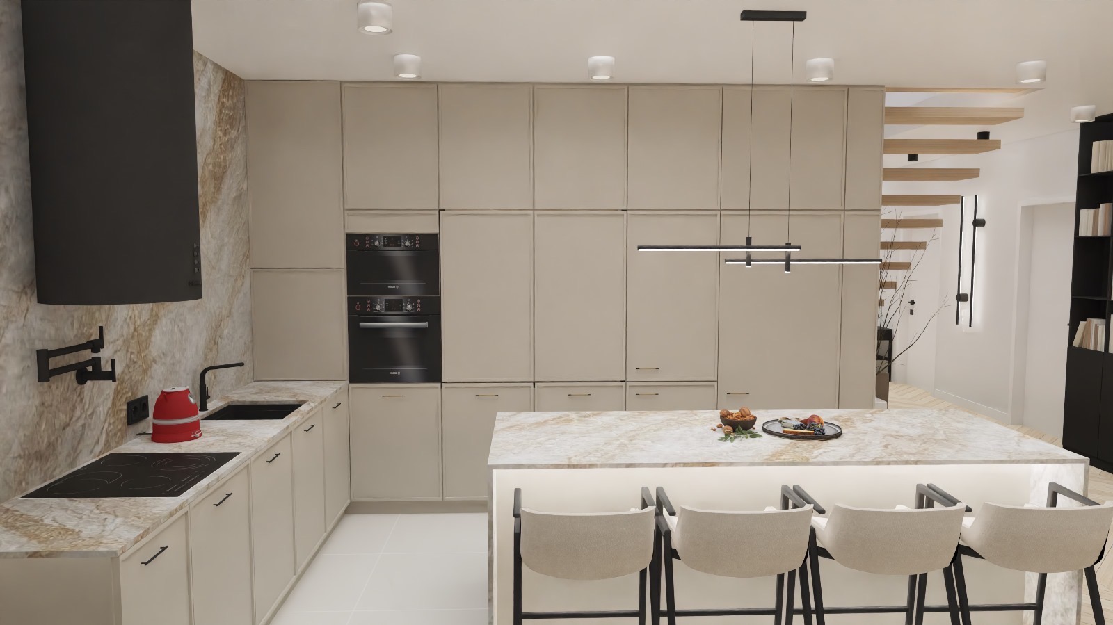 Nowoczesna kuchnia w beżach z marmurowym blatem, wyspą z oświetleniem LED, czarnym okapem i schodami w tle.