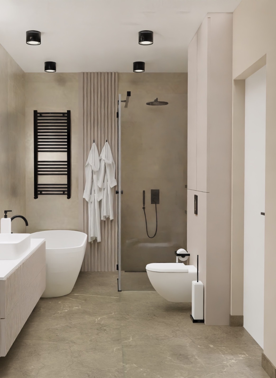 Minimalistyczna łazienka w odcieniach beżu z wolnostojącą wanną, szklaną kabiną prysznicową i czarnymi akcentami, takimi jak grzejnik drabinkowy i armatura.