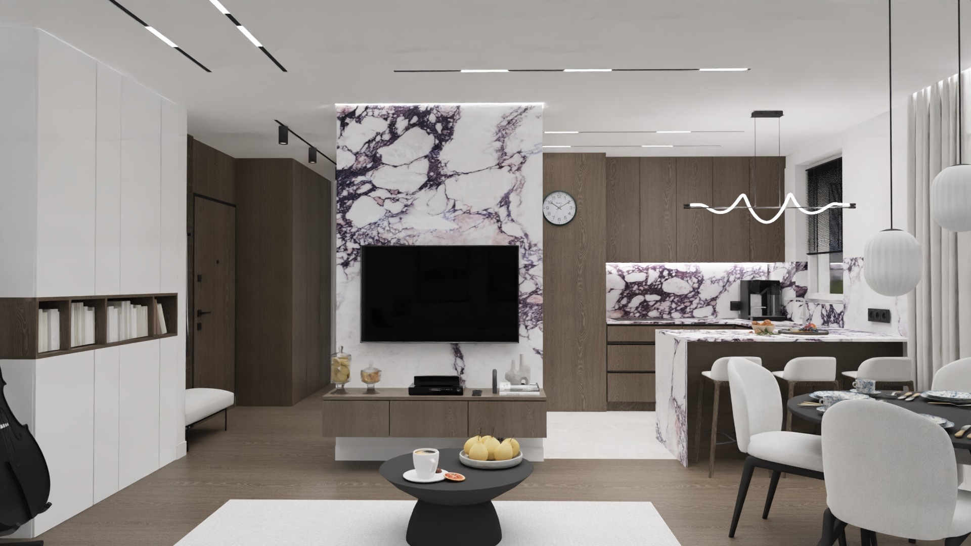 Nowoczesne wnętrze mieszkania z marmurowym akcentem na ścianie telewizyjnej i wyspie kuchennej, oświetlone ledowymi lampami sufitowymi i wiszącymi kulami nad stołem.