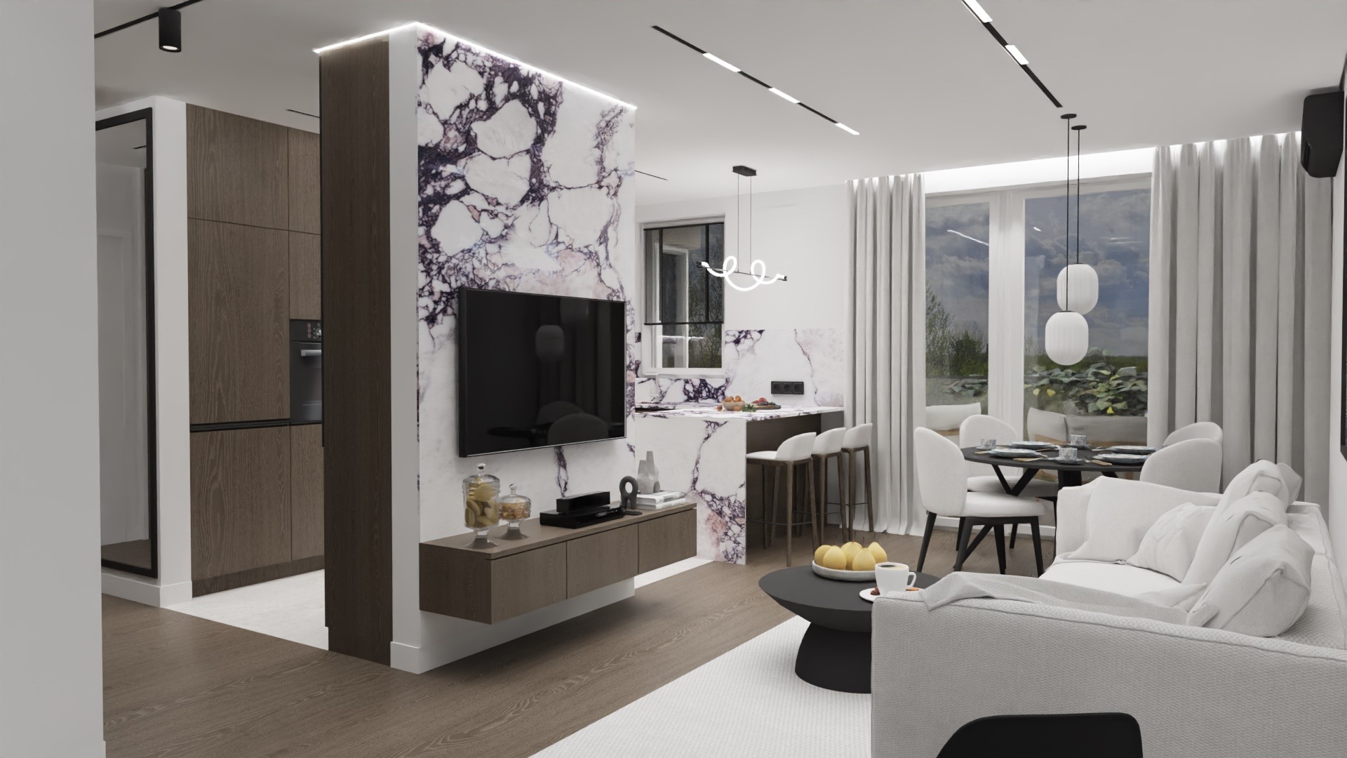 Nowoczesne wnętrze mieszkania z marmurową ścianą, minimalistycznym salonem z białym narożnikiem i jadalnią z widokiem na zewnątrz.