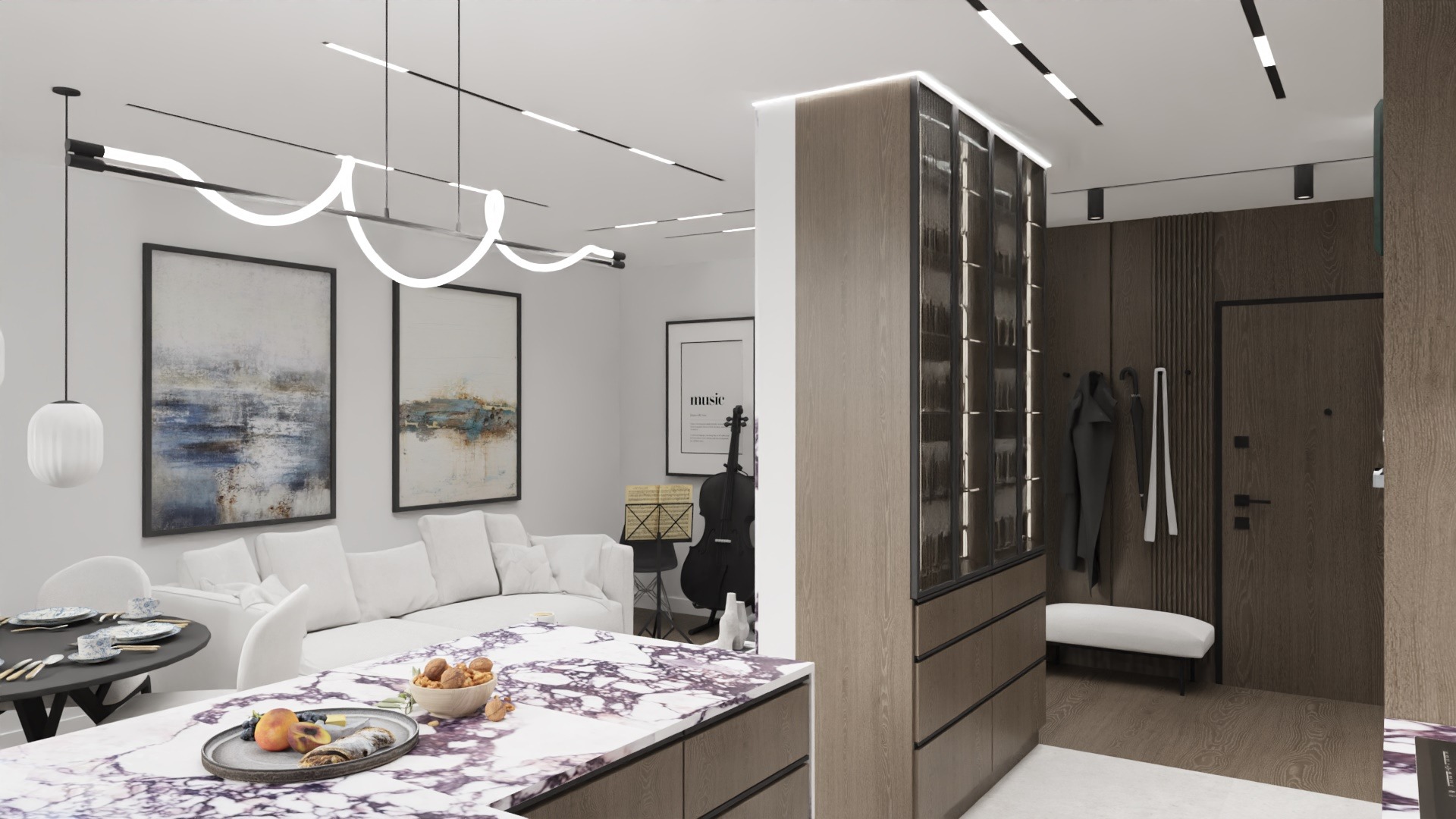 Nowoczesne wnętrze z marmurowym blatem kuchennym, salonem z białą sofą, abstrakcyjnymi obrazami, i przedpokojem z szafą i wieszakami.