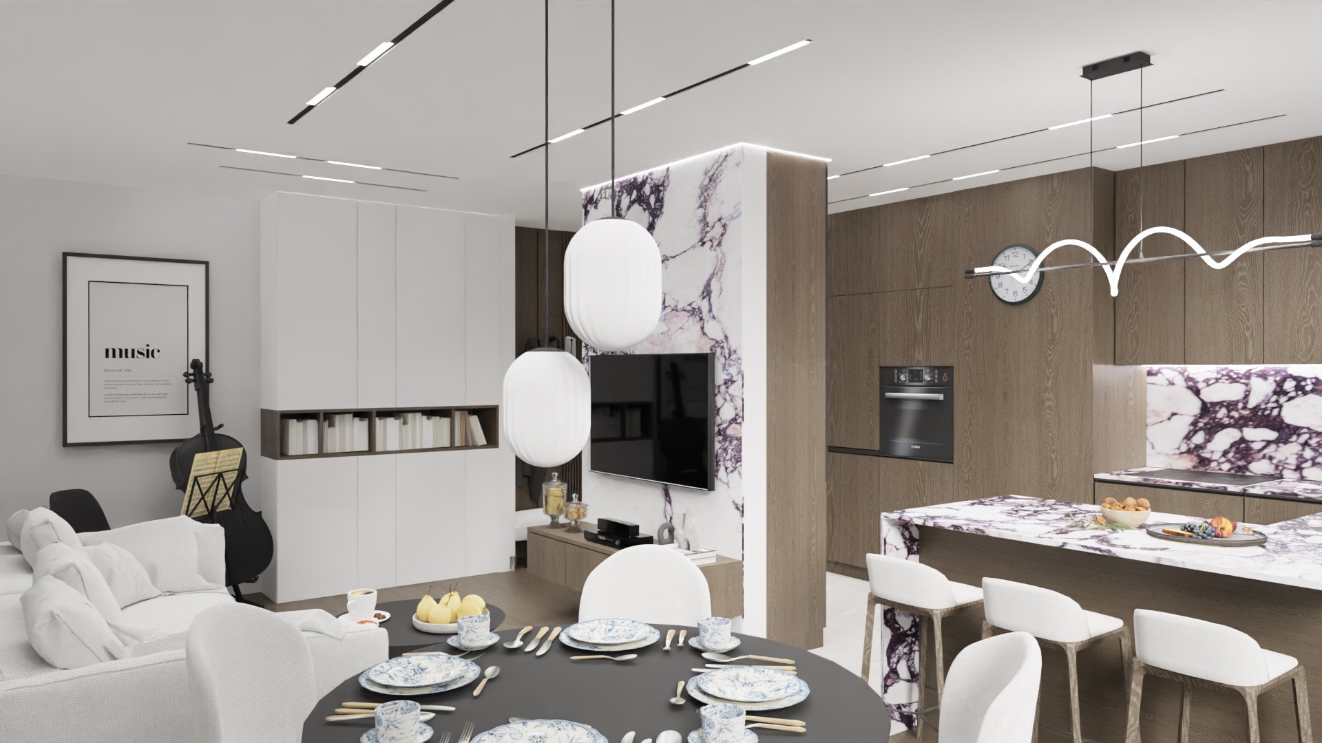 Nowoczesne wnętrze mieszkania z marmurową ścianą, okrągłym stołem z zastawą w kwiaty, białymi krzesłami, designerskimi lampami wiszącymi i obrazem z napisem 'music' oraz kontrabasem w tle.