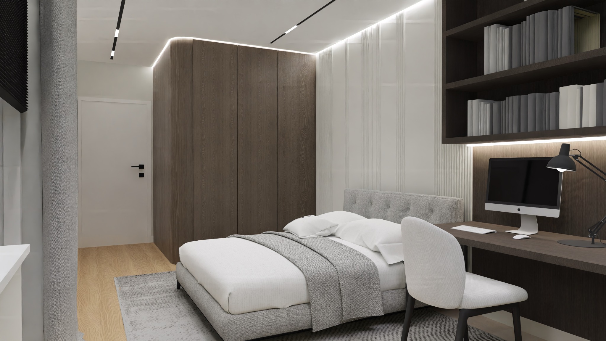 Nowoczesna sypialnia z miejscem do pracy: szare łóżko z białą pościelą i pledem, ciemna szafa, biurko z komputerem i lampką, białe ściany z subtelnym wzorem, drewniana podłoga i szary dywan.