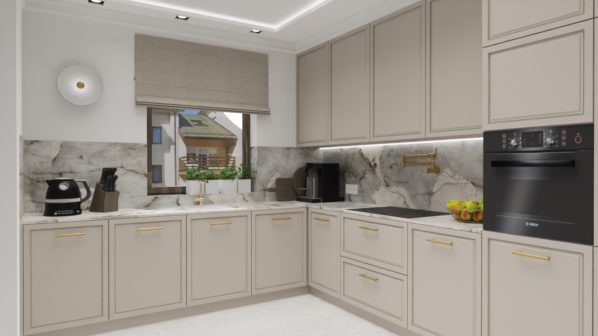 Jasna kuchnia z marmurowym backsplashiem, złotymi uchwytami i czarnym piekarnikiem Bosch. Na blacie czajnik KitchenAid, ekspres do kawy i doniczki z ziołami.