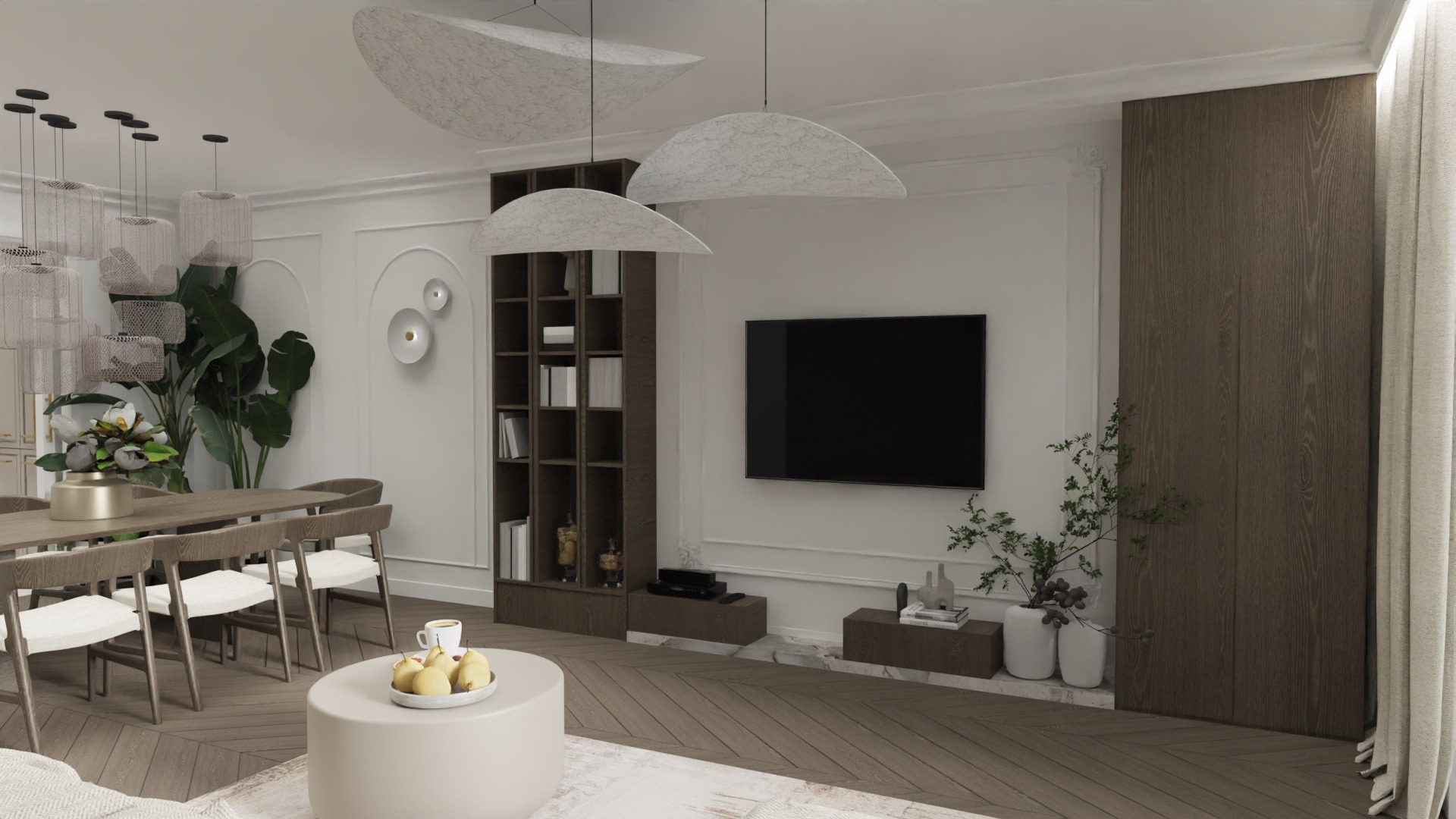 Jasne wnętrze salonu z jadalnią, z drewnianą podłogą ułożoną w jodełkę, białym stołem i krzesłami, okrągłym stolikiem kawowym z owocami, regałem z książkami, telewizorem i dekoracyjnymi lampami...