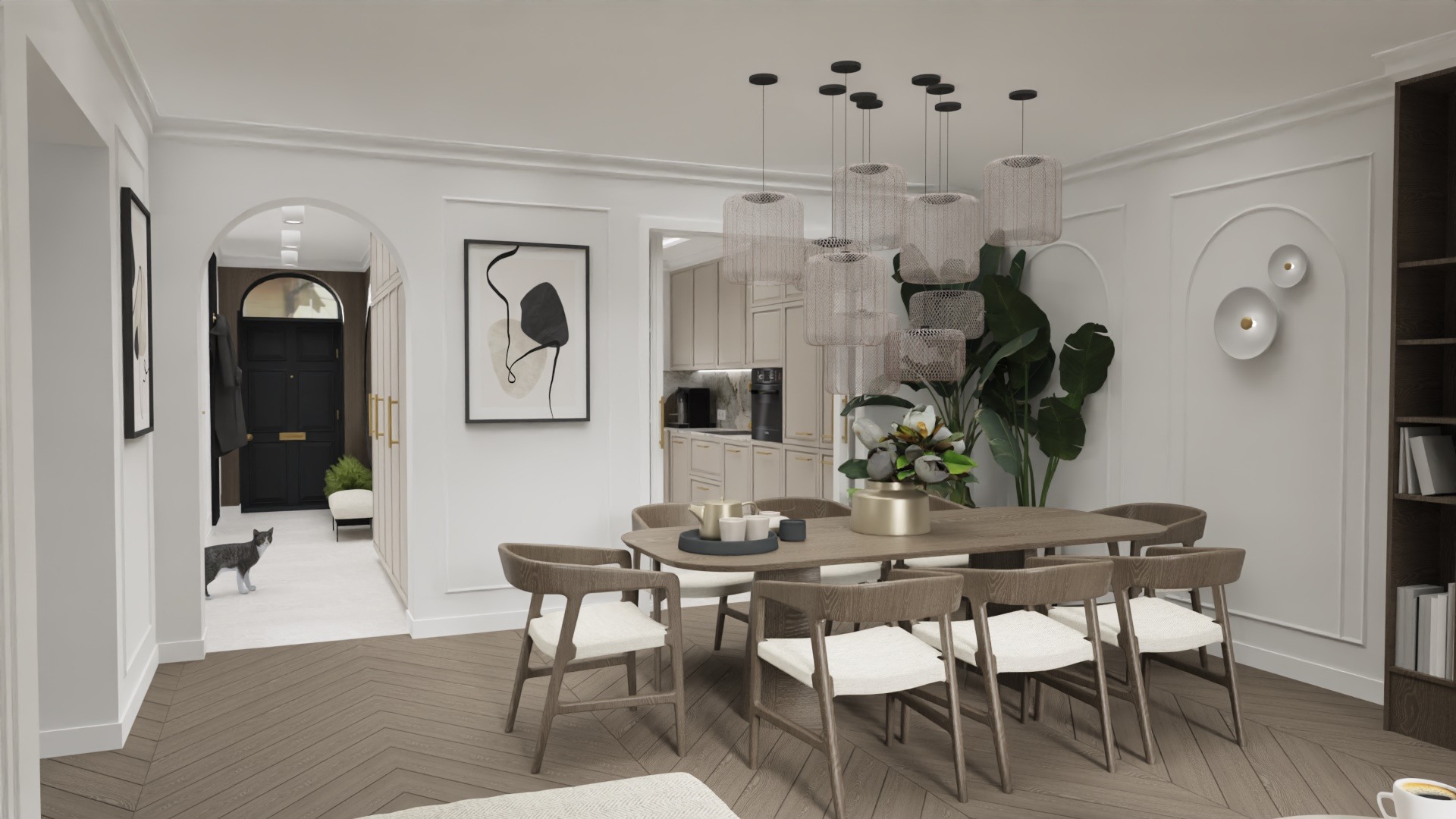Jasna jadalnia z drewnianym stołem, krzesłami z białymi siedziskami, wiszącymi lampami z metalowej siatki, rośliną w tle i widokiem na przedpokój z czarnymi drzwiami i szarym kotem.