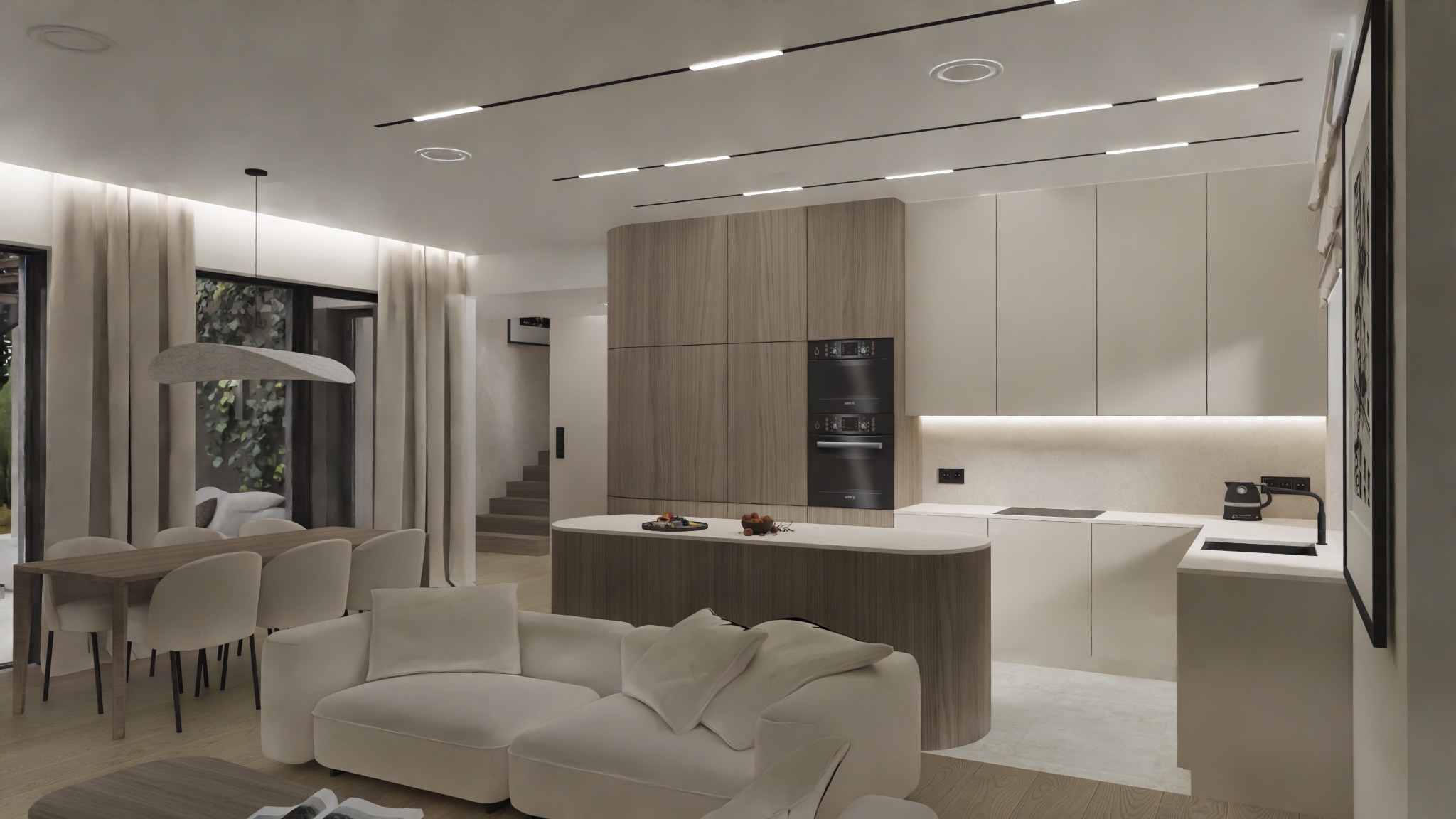 Nowoczesne wnętrze: salon z aneksem kuchennym, jasne meble, drewniane akcenty, subtelne oświetlenie, minimalistyczny design, duże okna z widokiem na zieleń.