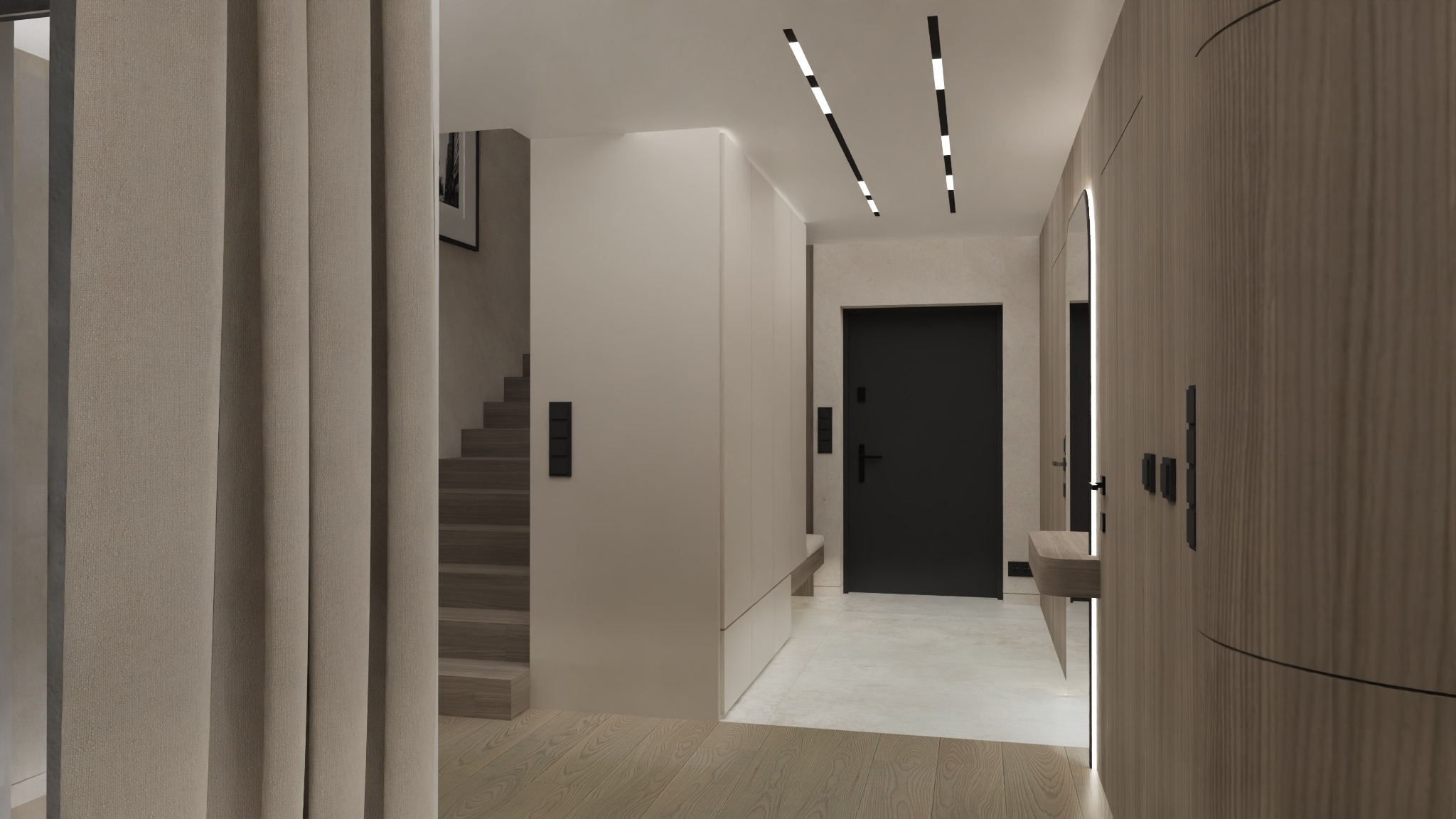 Nowoczesny przedpokój w neutralnych barwach: drewniana podłoga, beżowe ściany, czarne akcenty oświetlenia i drzwi. Minimalistyczny design z ukrytymi szafami i schodami w tle.