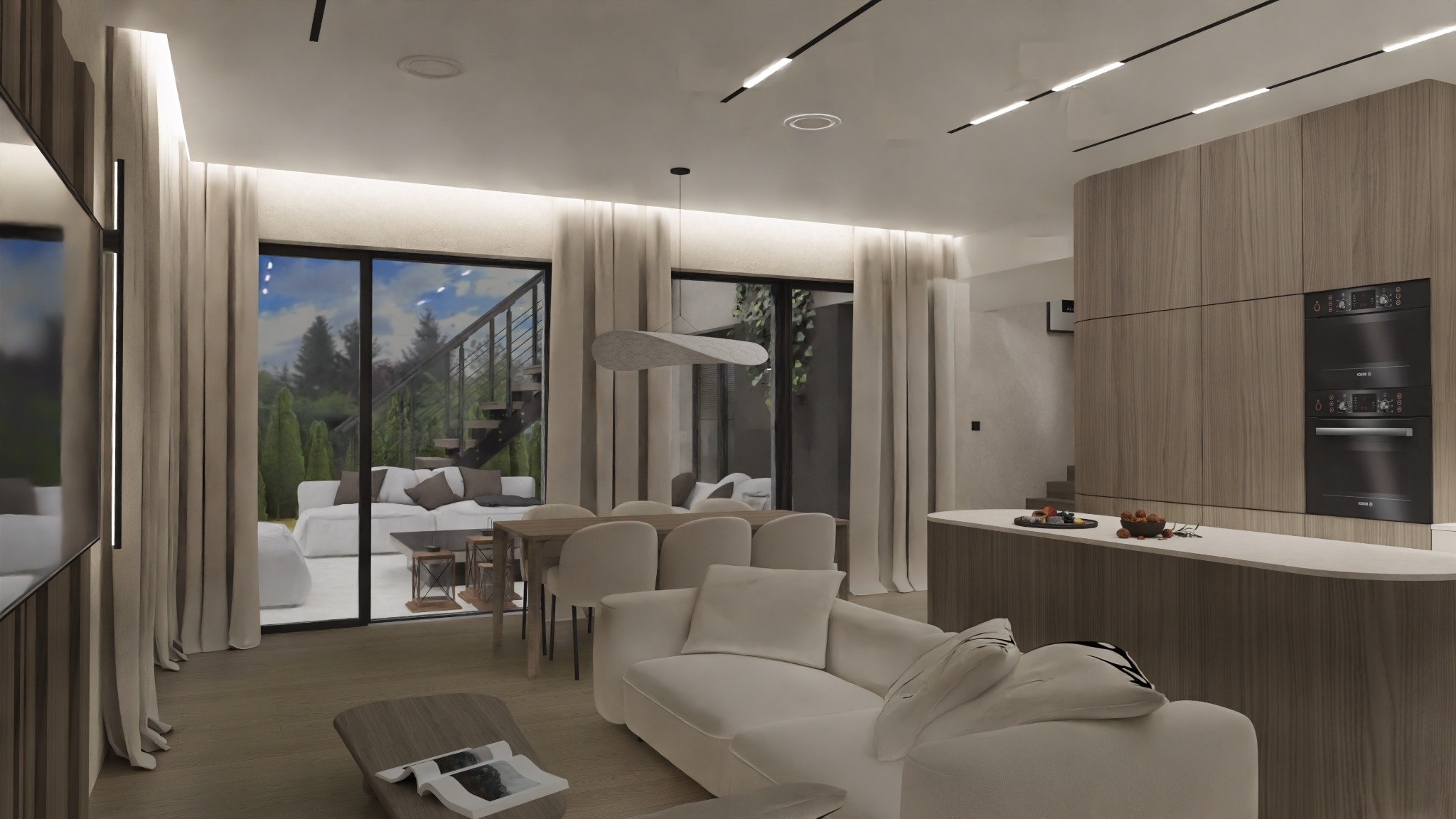 Nowoczesny salon z dużymi oknami i minimalistycznym wystrojem. Jasne kolory, drewniane akcenty i designerskie oświetlenie tworzą elegancką przestrzeń.