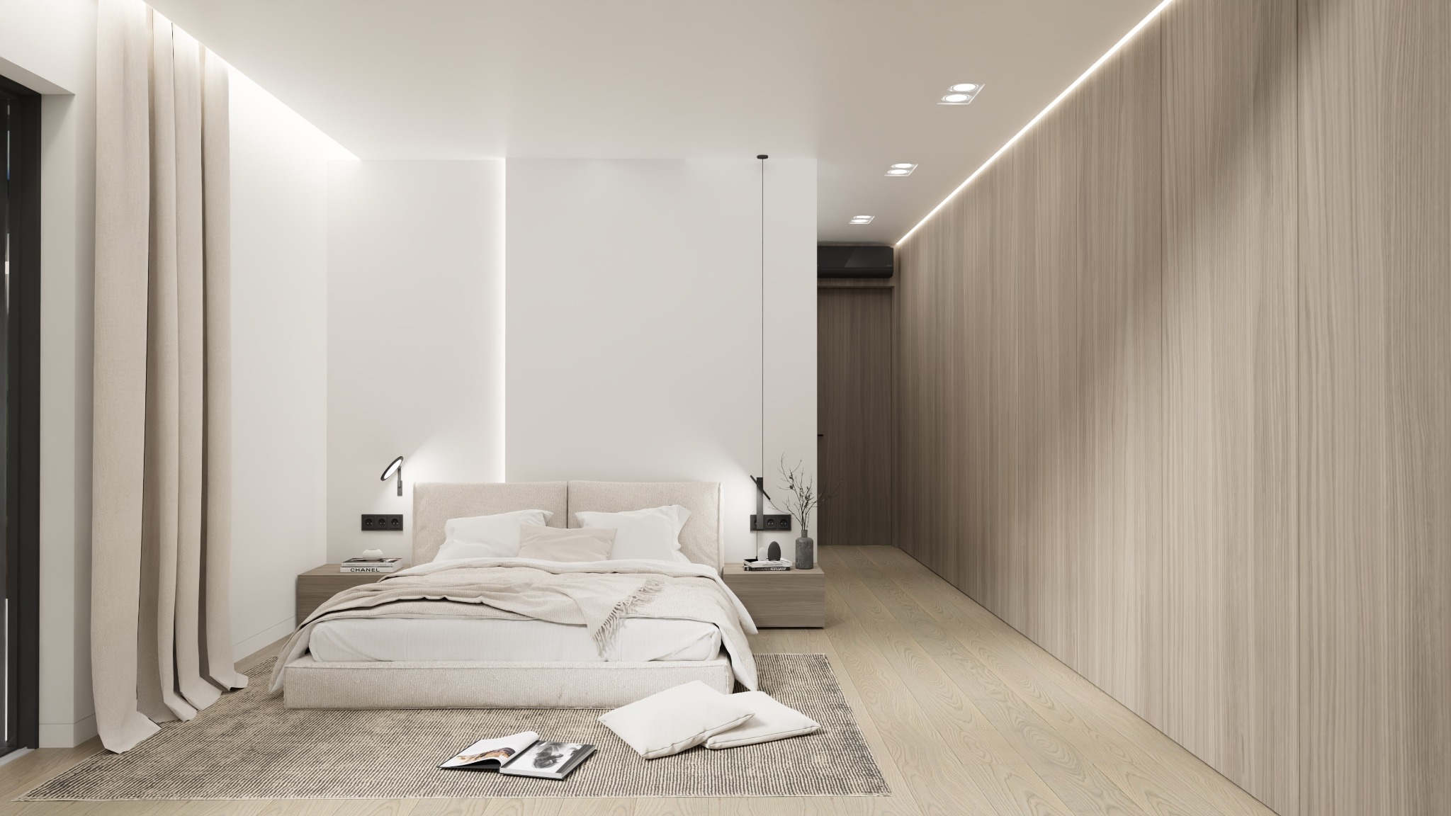 Minimalistyczna sypialnia z łóżkiem w odcieniach beżu, drewnianą ścianą z oświetleniem LED i zasłonami. Na podłodze dywan z książką i poduszką.