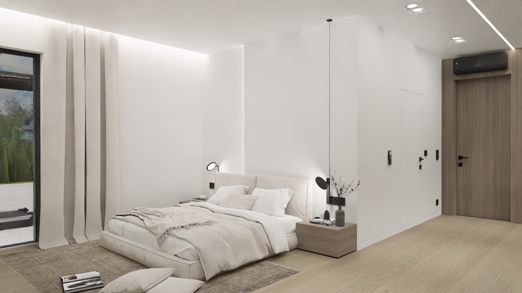 Jasna sypialnia w minimalistycznym stylu: beżowe łóżko, drewniana podłoga i akcenty czerni. Nowoczesne lampki nocne i proste dodatki tworzą przytulną atmosferę.