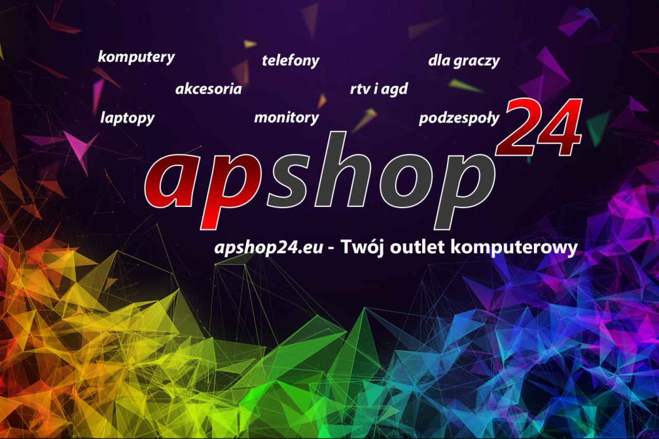 Grafika reklamowa sklepu internetowego z komputerami i akcesoriami, z logo 'apshop24' na ciemnym tle z kolorowymi trójkątnymi wzorami.
