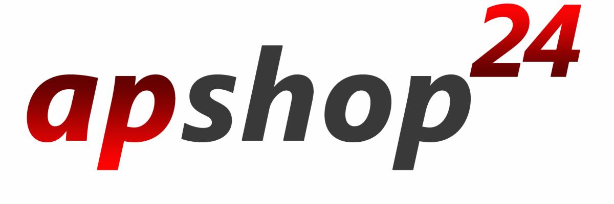 Logo 'apshop24' z gradientem czerwieni przechodzącym w szarość na białym tle.