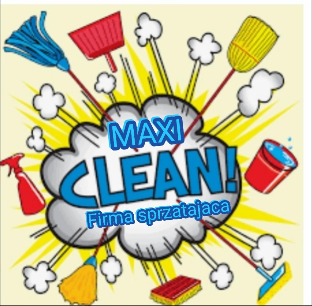 Ilustracja w stylu komiksowym z napisem 'MAXI CLEAN! Firma sprzątająca', otoczona ikonami narzędzi do sprzątania, takich jak mop, szczotka, wiadro i gąbka.