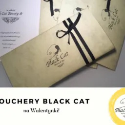 Stosik beżowych, ozdobnych kopert z logo Black Cat Beauty & Spa, przewiązanych czarną wstążką, obok ulotka z danymi salonu.