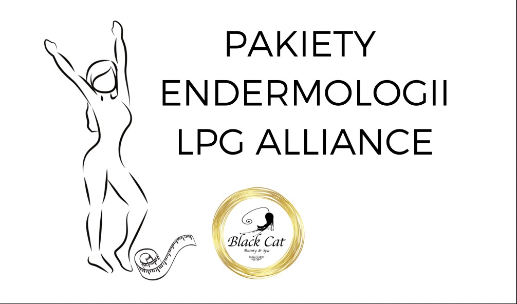 Grafika reklamowa pakietów endermologii LPG Alliance, sylwetka kobiety z podniesionymi rękami, zwinięta miarka krawiecka i logo Black Cat Beauty & Spa w złotym okręgu.