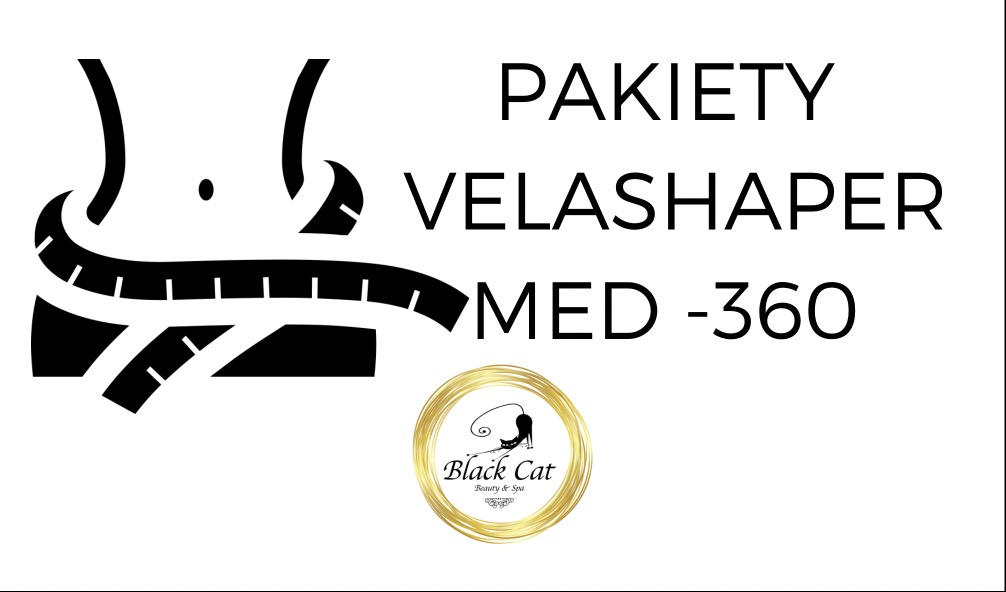 Grafika informująca o pakietach Velashaper Med-360, z sylwetką opasaną miarką i logo Black Cat Beauty & Spa.