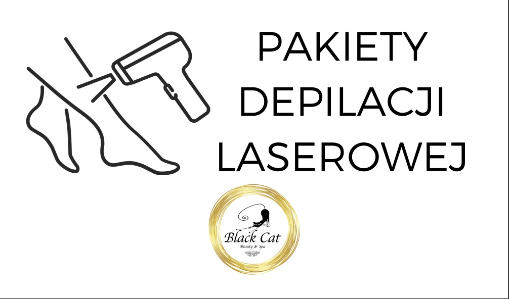 Grafika wektorowa przedstawiająca pakiet depilacji laserowej, zarys nóg i urządzenia do depilacji, logo Black Cat Beauty & Spa w złotym okręgu.
