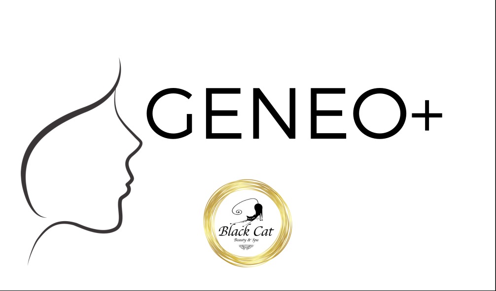 Logo Geneo+ z profilem twarzy kobiety i logo Black Cat Beauty & Spa w złotym okręgu.