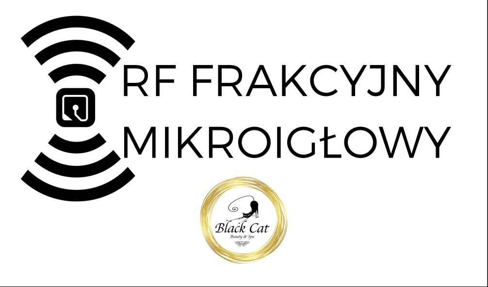 Grafika informacyjna: RF frakcyjny mikroigłowy, logo Black Cat Beauty & Spa w złotym okręgu, symbol fal radiowych.