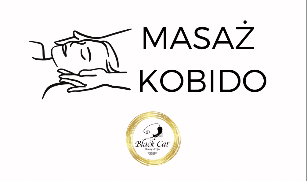 Grafika przedstawia schematyczną ilustrację masażu Kobido, napis 'MASAŻ KOBIDO' oraz logo 'Black Cat Beauty & Spa' w złotym okręgu na białym tle.