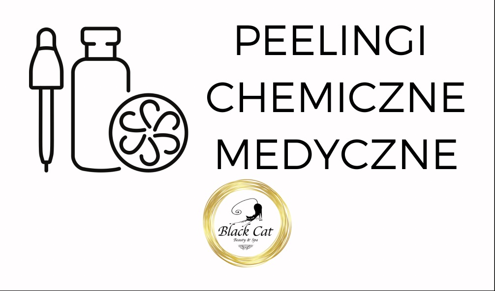 Grafika informacyjna: schematyczny rysunek butelek z pipetą i wzorem kwiatowym, tekst 'PEELINGI CHEMICZNE MEDYCZNE' oraz logo 'Black Cat Beauty & Spa' w złotym okręgu.