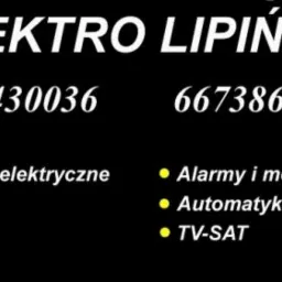 Wizytówka firmy Elektro Lipiński z numerami telefonów i wypisanymi usługami: instalacje elektryczne, przyłącza, pomiary, alarmy i monitoring, automatyka, TV-SAT.