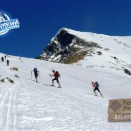 Grupa osób na skiturach w zimowym krajobrazie górskim pod błękitnym niebem, z widocznym szczytem i śladami nart na śniegu. W rogu logo 'Zimowa Wyprawa' oraz 'Team & Personal Adventure'.