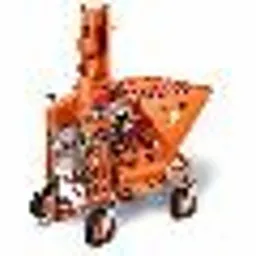 Pomarańczowy podnośnik do zaprawy na czterech kołach z widocznymi elementami konstrukcyjnymi i zbiornikiem na zaprawę, na białym tle.