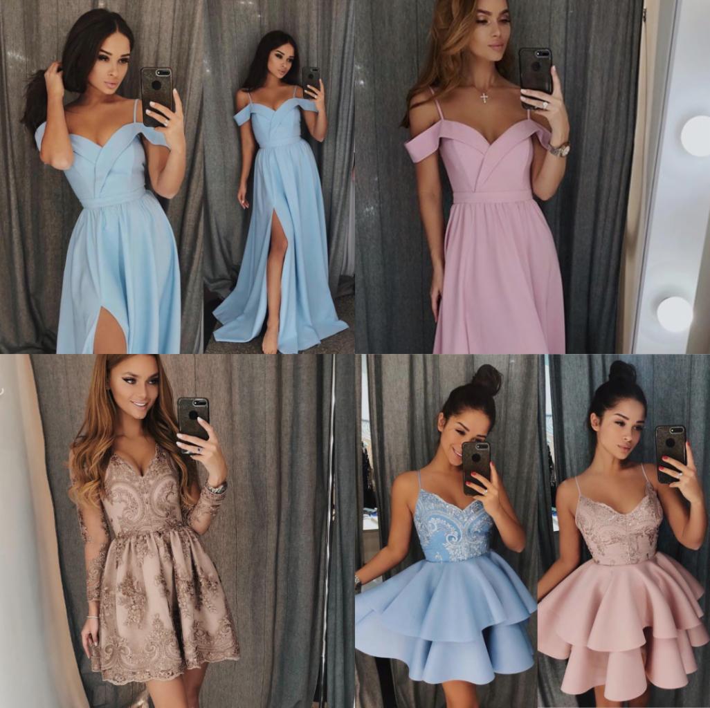 Kolaż zdjęć młodych kobiet robiących selfie w lustrze, prezentujących różne modele sukienek wieczorowych: błękitne z rozcięciem, różowe na ramiączkach, beżowa z koronką i dwuwarstwowe mini...
