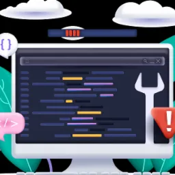 Stylizowany monitor wyświetlający kod z otwartym kluczem francuskim i trójkątnym znakiem ostrzegawczym, otoczony elementami graficznymi przypominającymi chmury i liście.