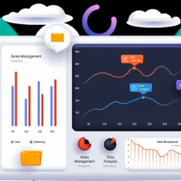 Ilustracja interfejsu analitycznego z wykresami słupkowymi i liniowymi prezentującymi dane sprzedażowe i marketingowe, otoczona elementami graficznymi w stylu 3D.